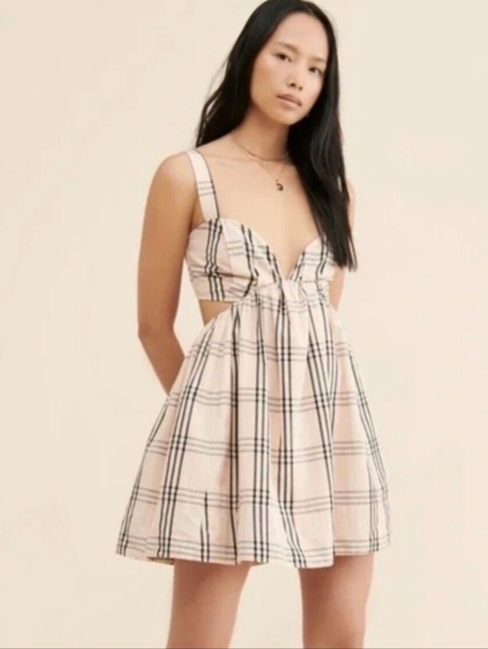 Free People Bridget Peachy Pink Plaid Cut Out Mini Dress S EUC